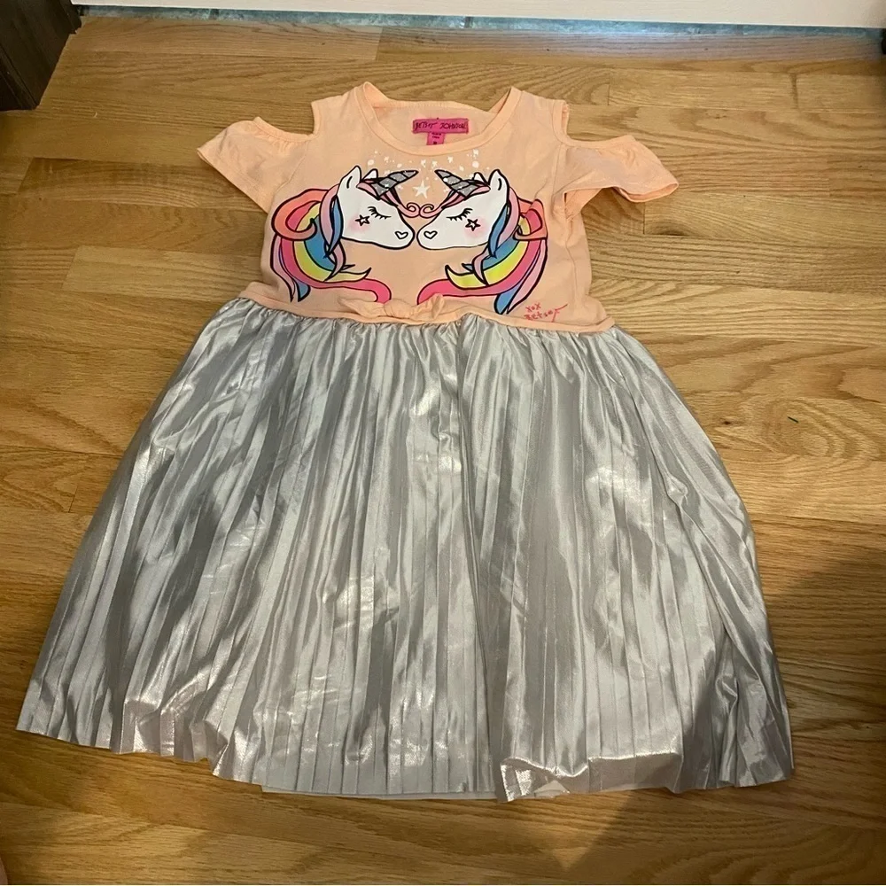 Betsey Johnson Unicorn Dress Sz 10 Cold Shoulder Peach Silver Pleated Kids Girls